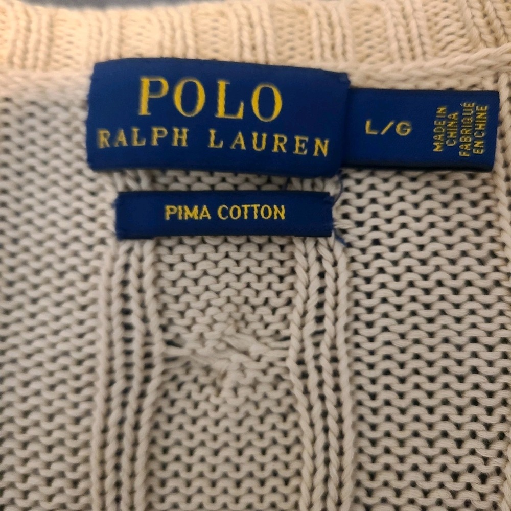 Polo Ralph Lauren Sweater Womens L Oatmeal Cable Knit V Neck Pima Cotton Relaxed - Picture 5 of 6